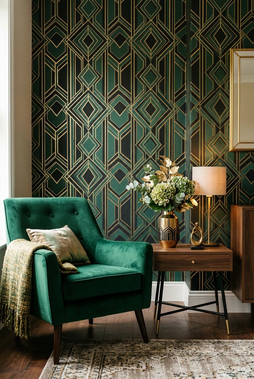 A living room with a patterned wallpapered wall, a velvet armchair, a side table with flowers, and soft lighting.