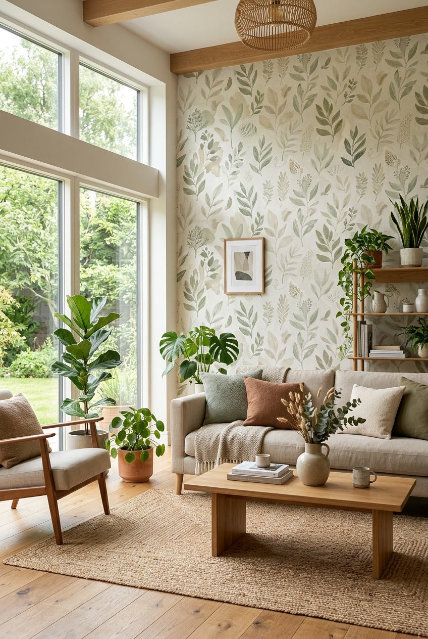 Bright living room with eco-friendly patterned wallpaper, wooden furniture, and green plants.