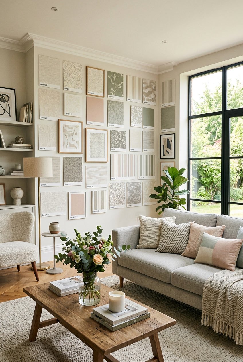 A living room with several wallpaper samples displayed on the walls, a sofa, coffee table with flowers, and sunlight coming through the windows.