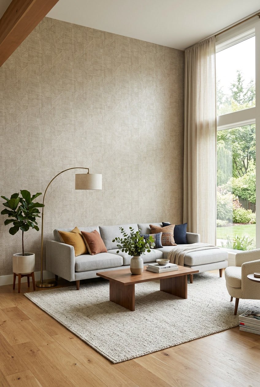 A bright living room with a sofa, coffee table, plants, and a large wall covered in patterned wallpaper.