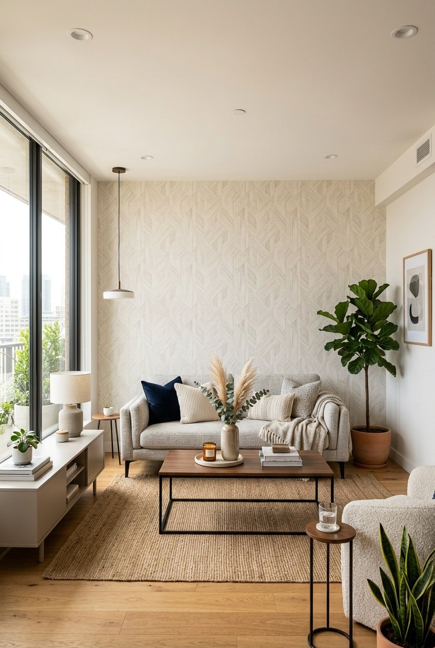 Living room with a sofa and an accent wall covered in patterned wallpaper, decorated with plants and natural light.