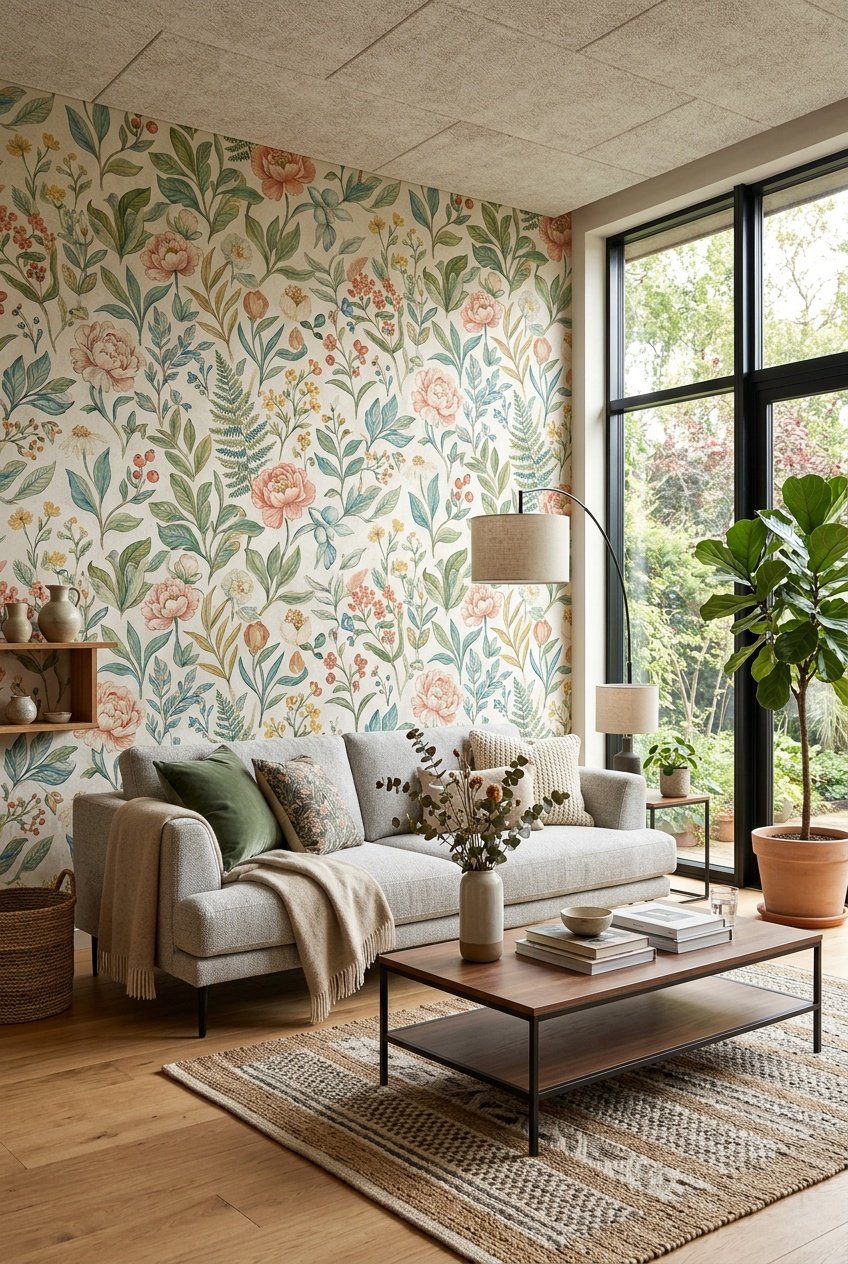 A modern living room with colorful custom illustrated wallpaper featuring botanical patterns behind a sofa and coffee table.
