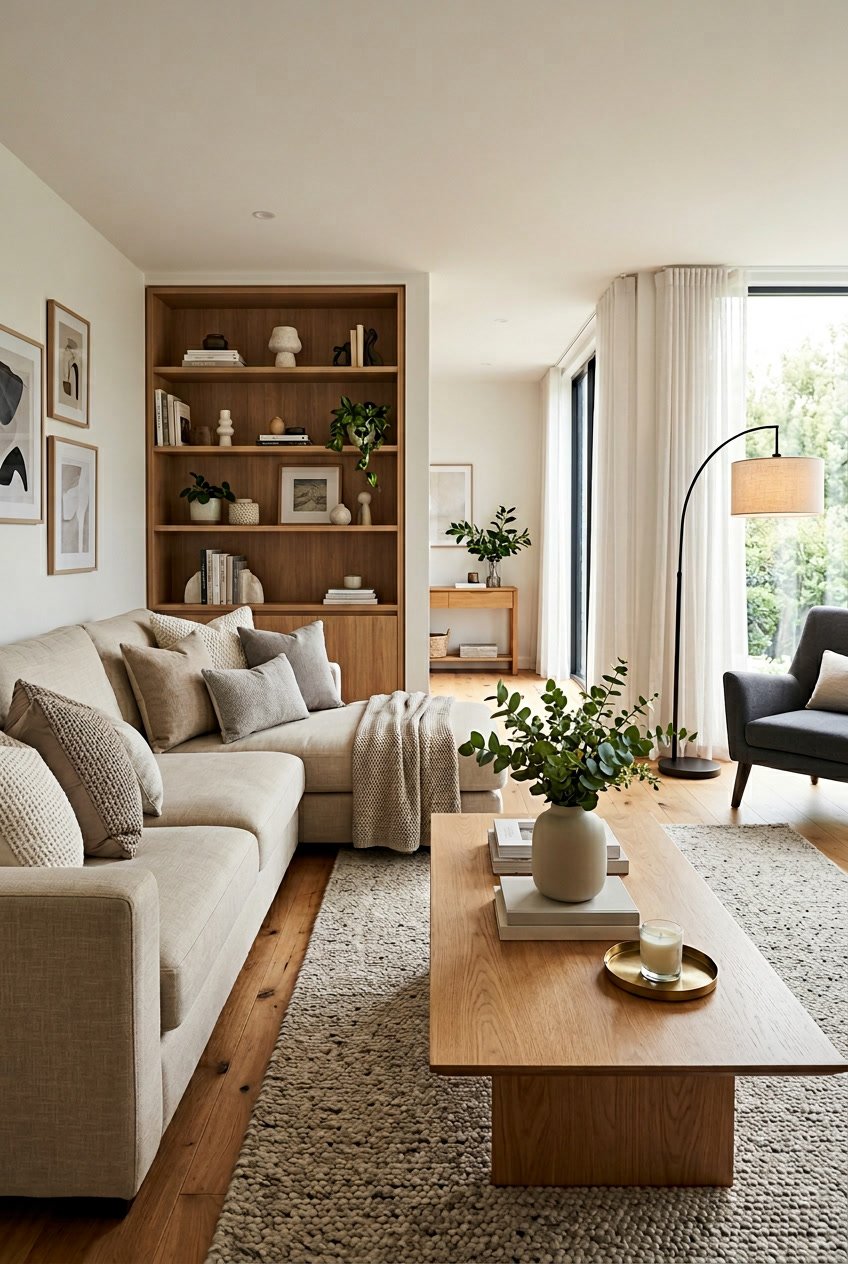 A living room with a sofa, coffee table with plants, bookshelf, floor lamp, and large windows letting in natural light.