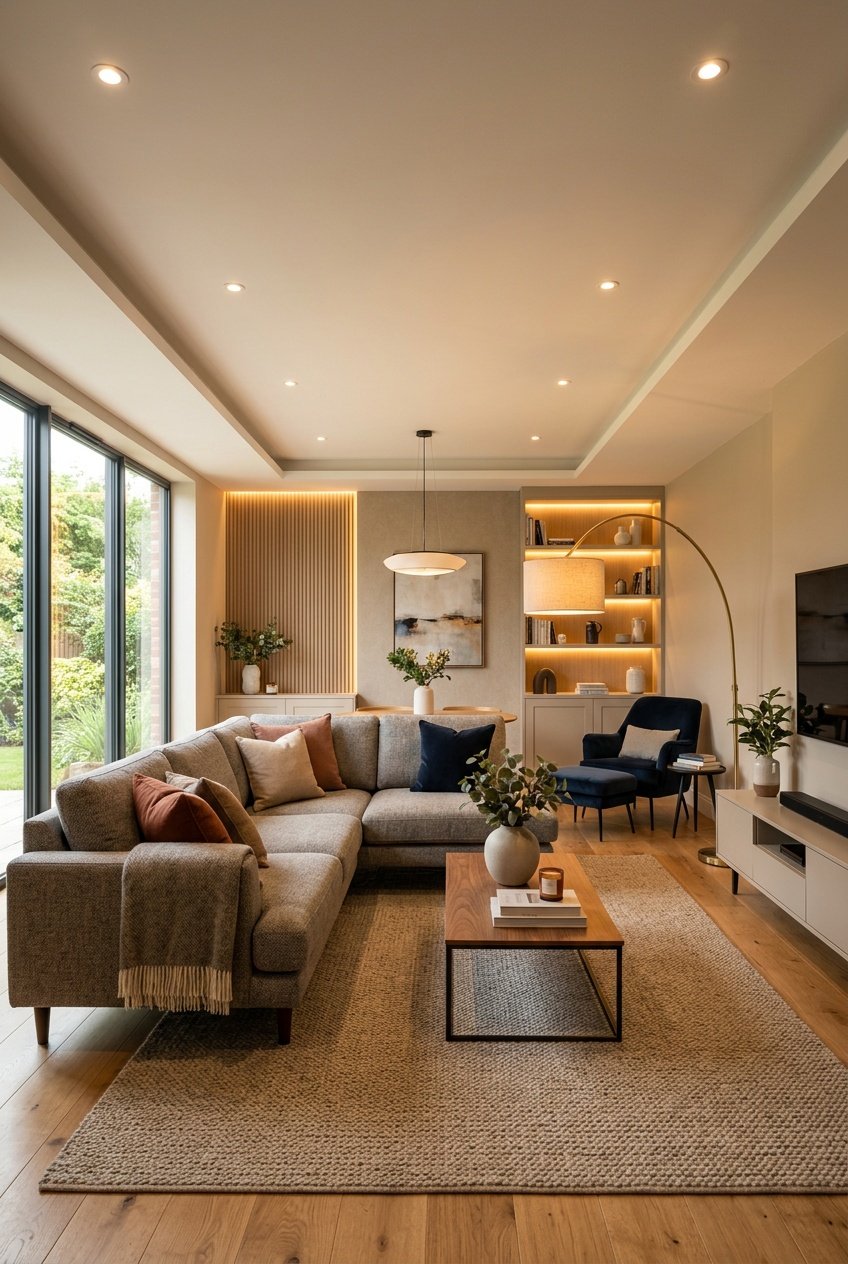 A modern living room illuminated with multiple light sources including natural light, ceiling lights, floor lamps, and accent lighting.
