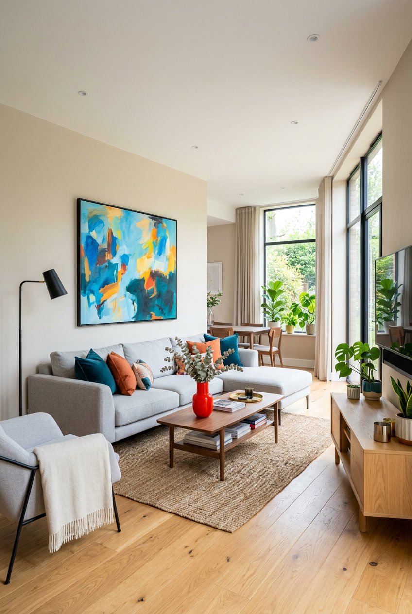 A bright living room with a gray sofa, colorful cushions, a coffee table with a red vase, and a large abstract painting on the wall.