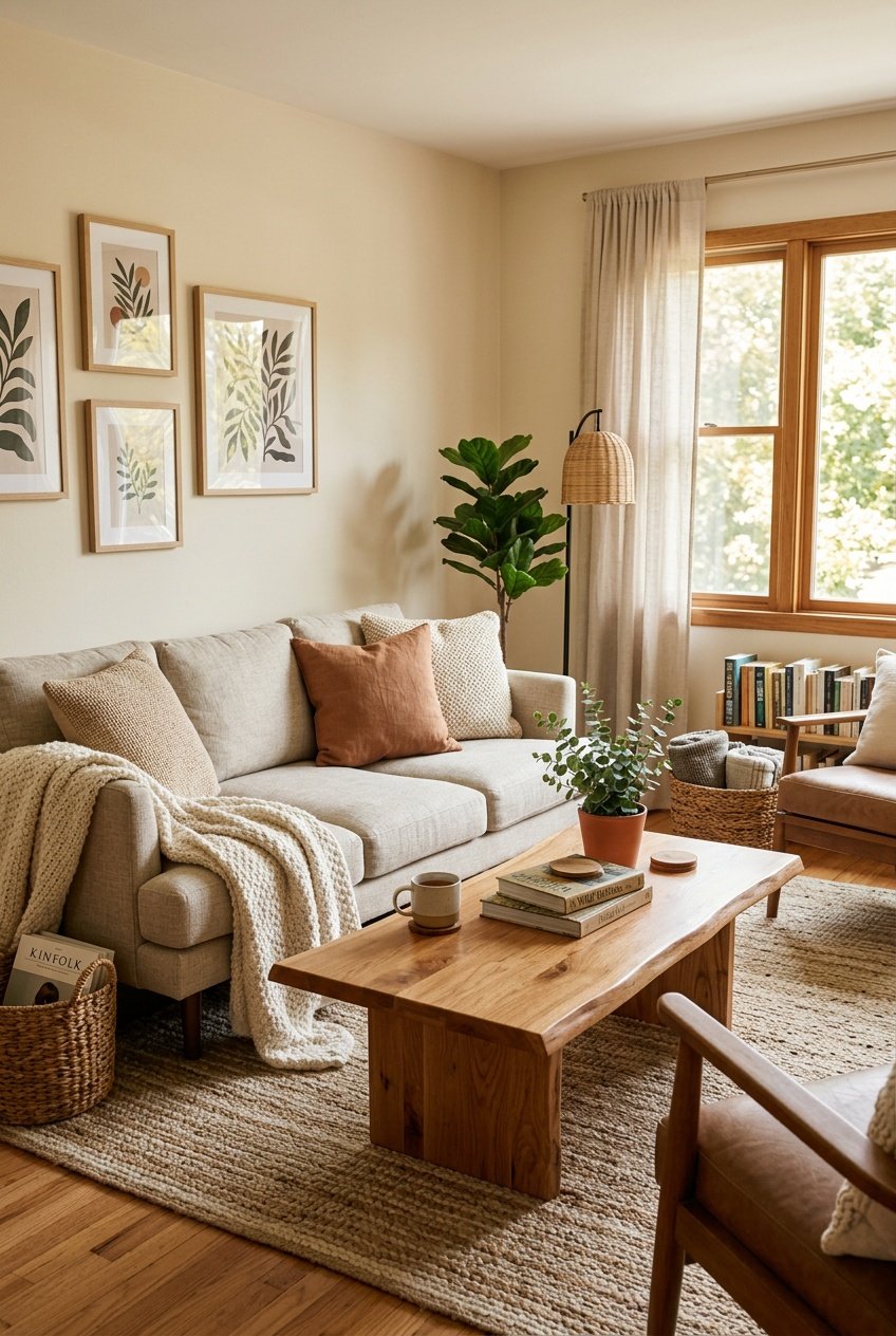 A cozy living room with wooden furniture and linen cushions illuminated by natural light.