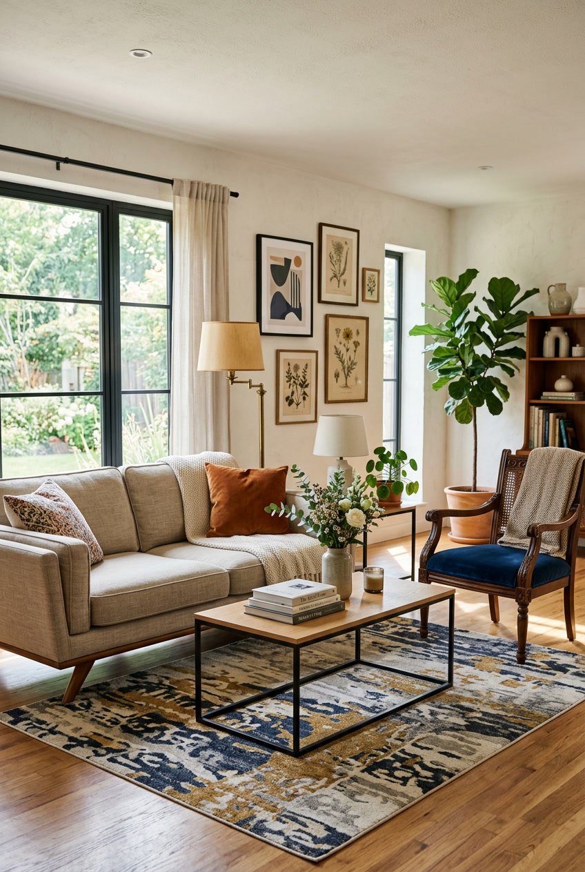 A living room with a sofa, armchair, coffee table, floor lamp, plants, and natural light.