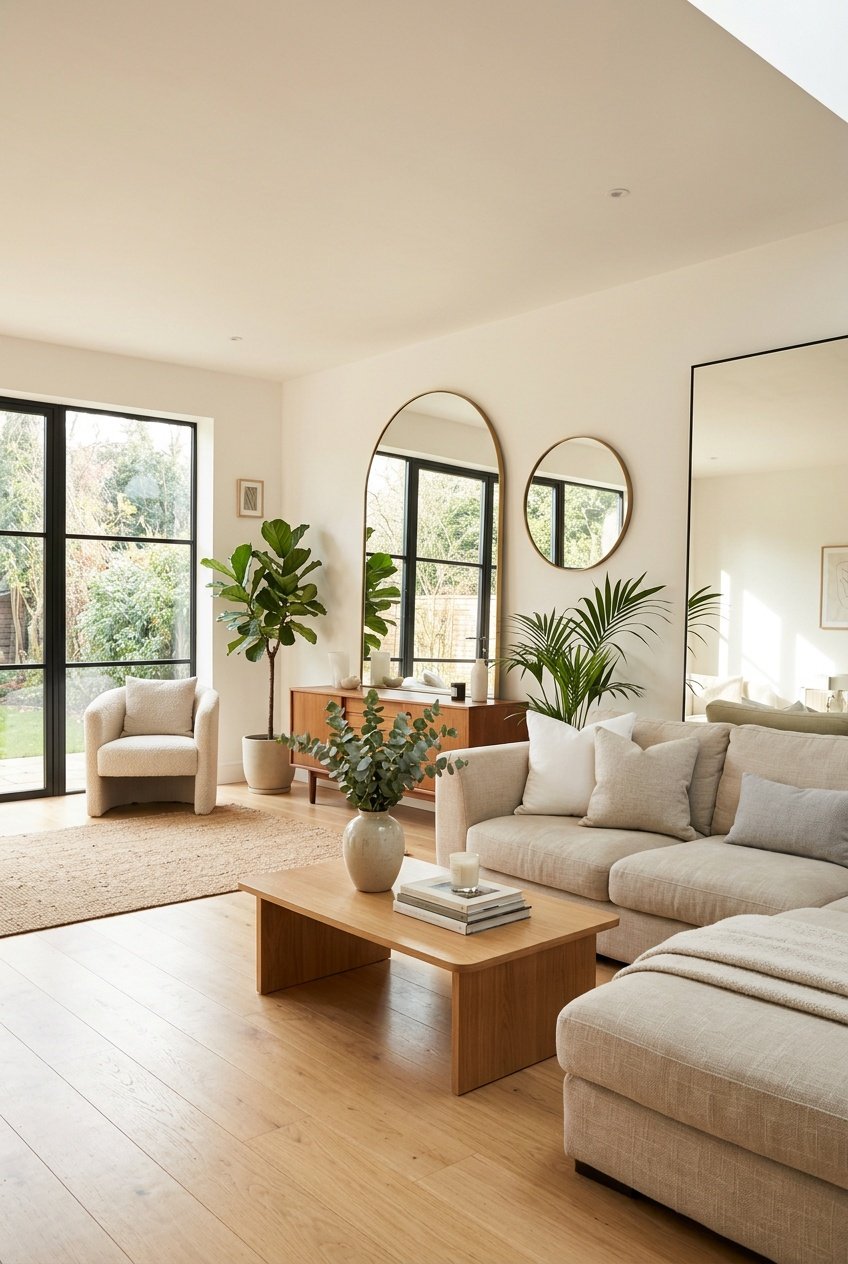 A bright living room with large mirrors reflecting sunlight, comfortable seating, and indoor plants.