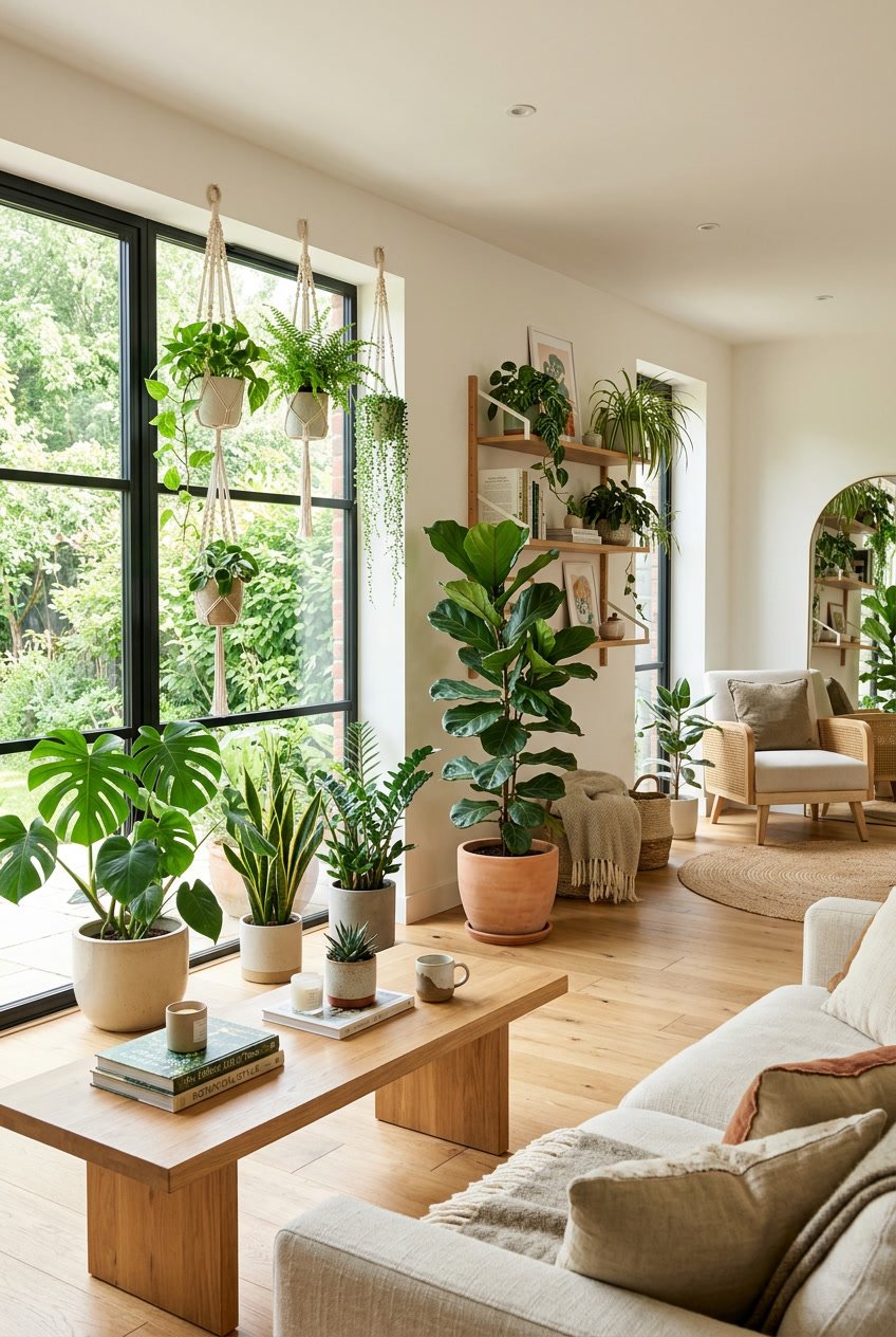 A living room with large windows filled with various green indoor plants placed around a sofa and coffee table.