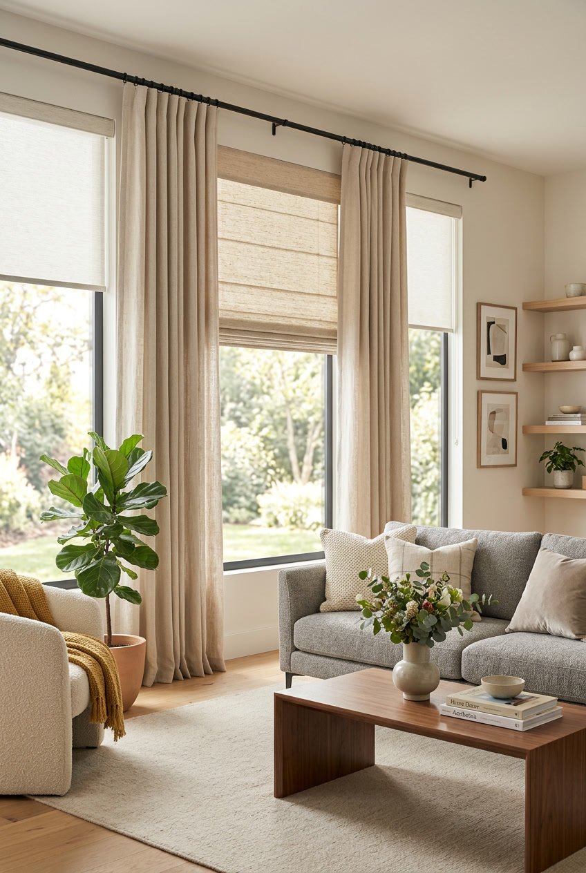 Living room with large windows featuring different window treatments, a sofa, coffee table, and indoor plants.