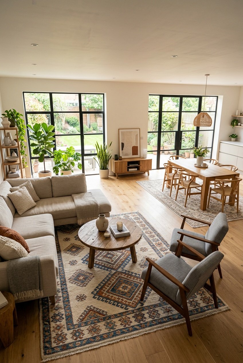 A living room with patterned rugs defining seating and dining areas, featuring sofas, chairs, a coffee table, and natural light from large windows.