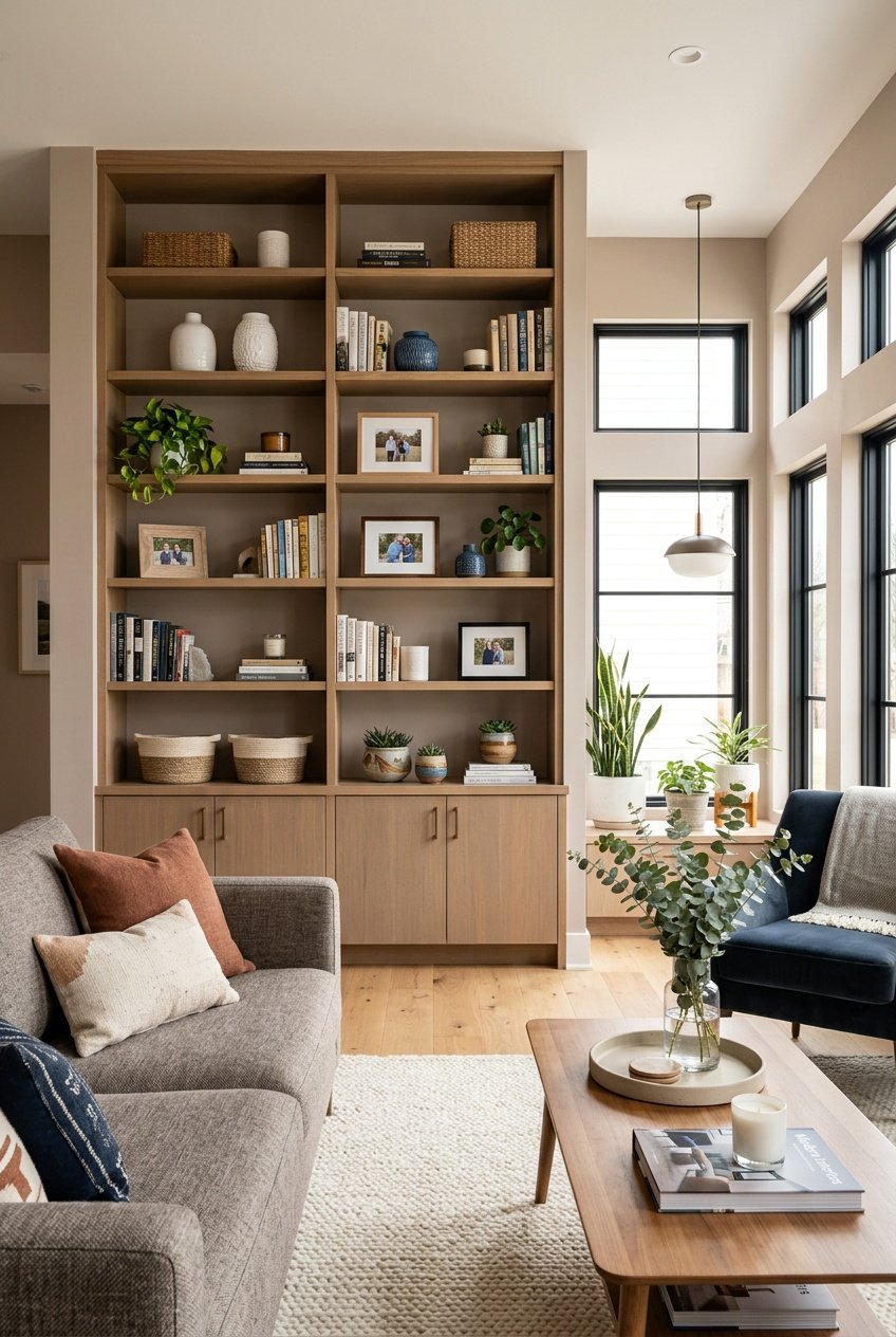 A living room with built-in shelves filled with books, plants, and decorative items, next to a sofa and coffee table.