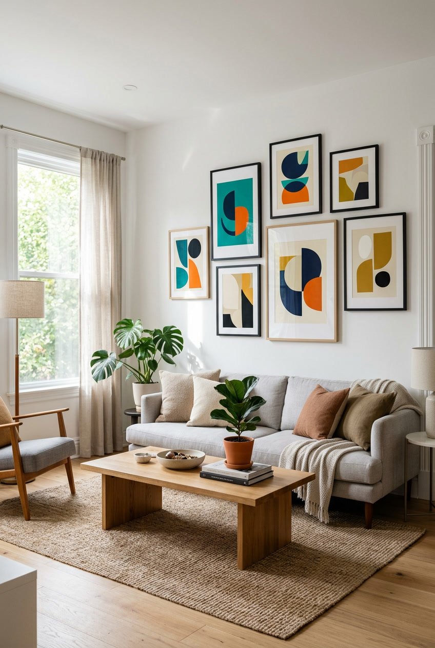 A living room with framed abstract art prints on a white wall above a sofa, a coffee table with a plant, and natural light coming through a window.