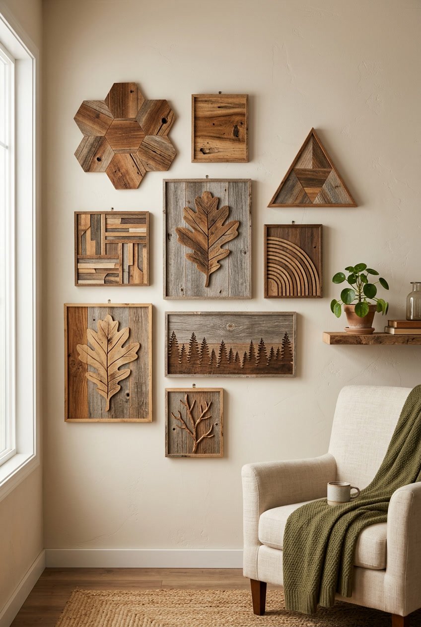 A wall decorated with several rustic wood art pieces in different shapes and patterns in a cozy home interior.
