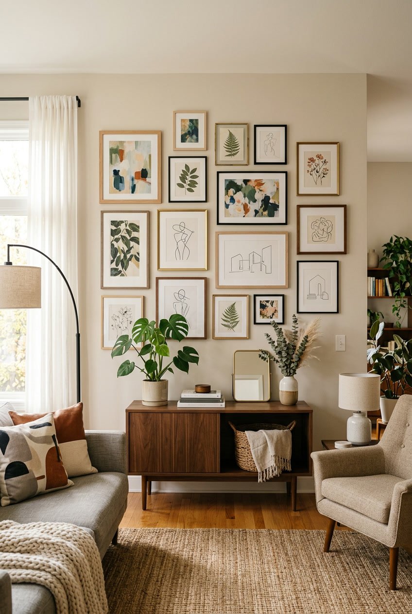 Living room with a gallery wall of framed artwork above a wooden console table with plants and decorative items.