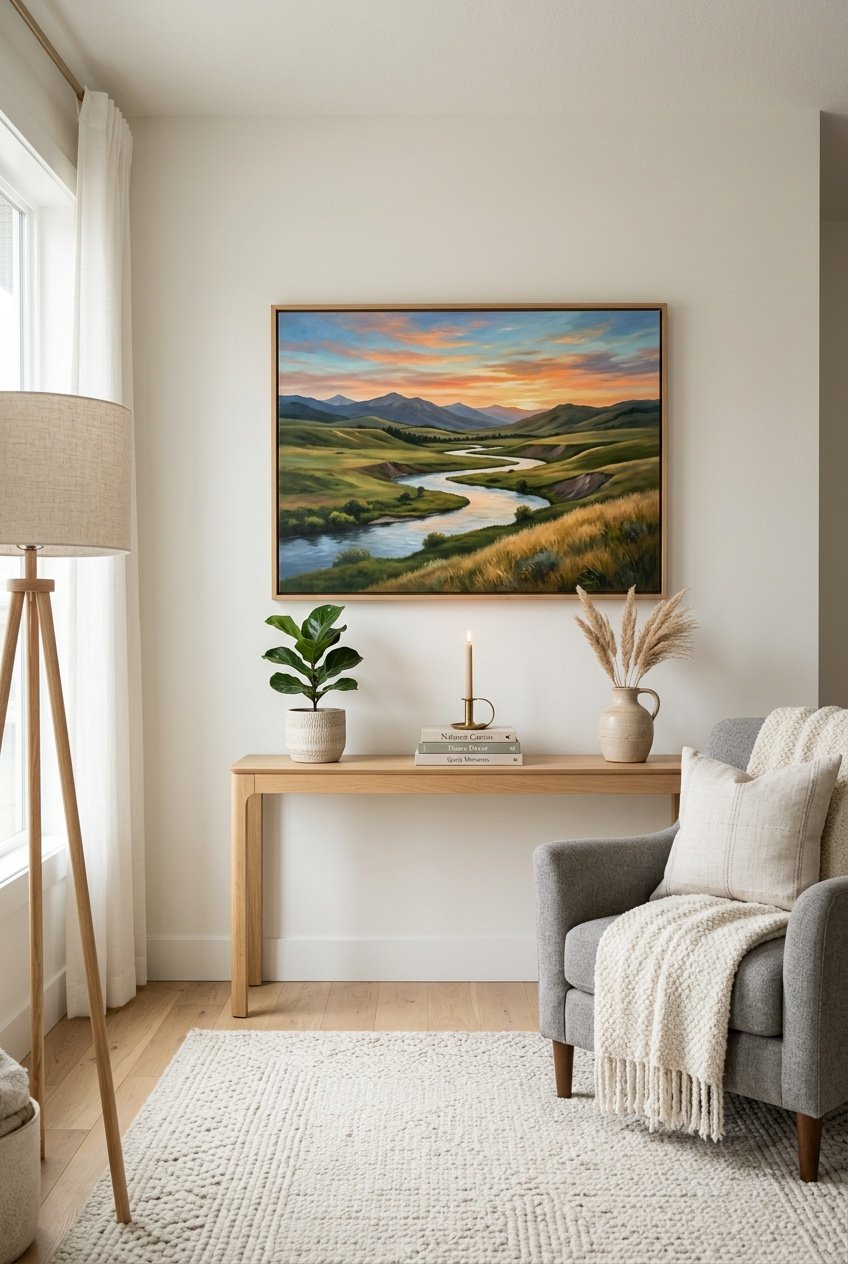 A living room with a large landscape painting on the wall above a wooden console table with decorative items.