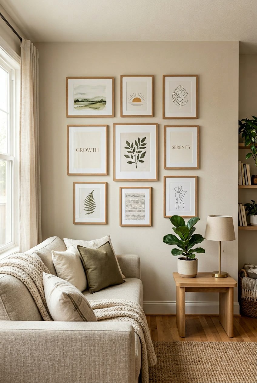 A living room wall decorated with framed inspirational quote signs, surrounded by plants and cozy furniture.