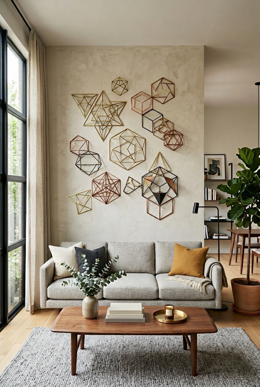 A living room with metal geometric wall sculptures displayed on a neutral wall above a sofa and coffee table.