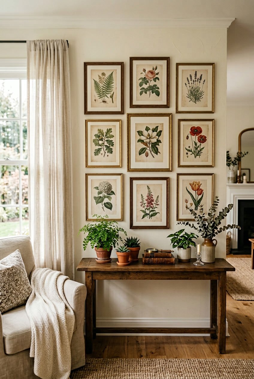 A cozy living room wall decorated with framed botanical illustrations and a wooden table with plants and books below.