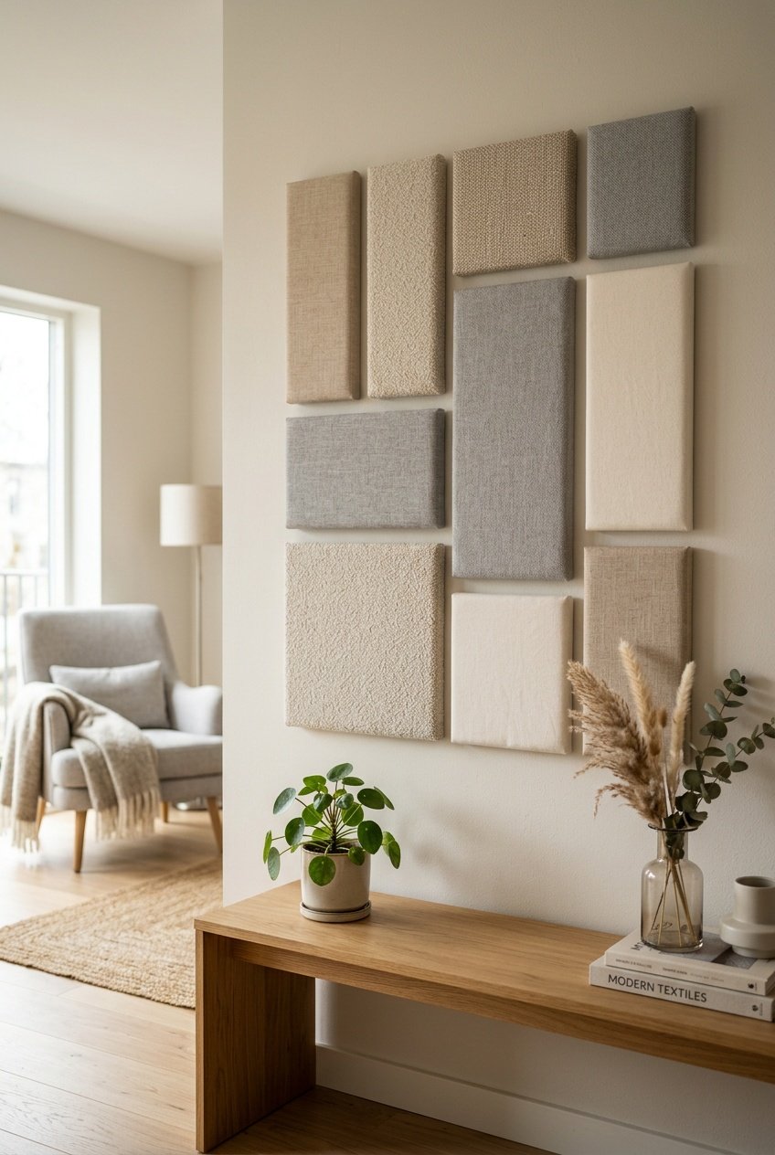 Close-up of a wall with several textured fabric panels arranged in a geometric pattern above a wooden table with a small plant.