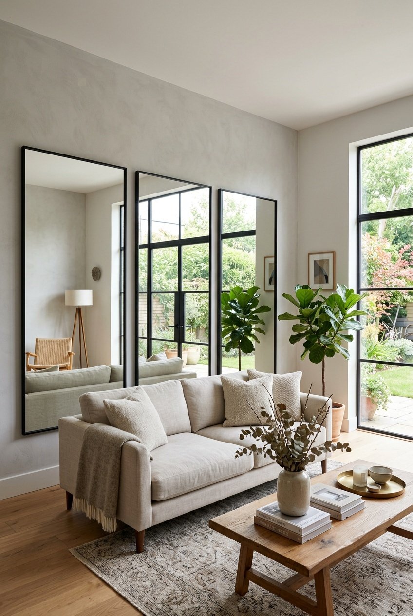 A spacious living room with large oversized mirrors mounted on the wall, reflecting furniture and indoor plants.