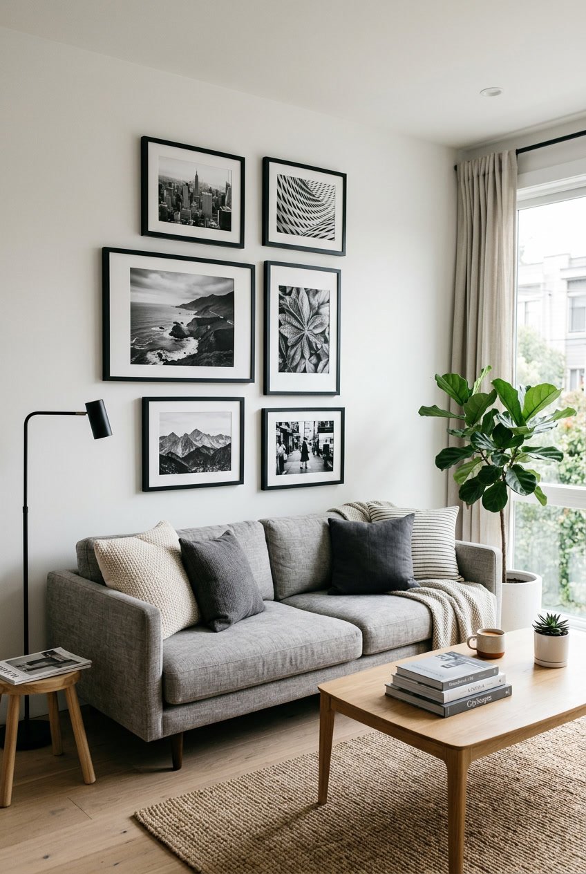 A living room with framed black and white photographs displayed on a white wall above a sofa.