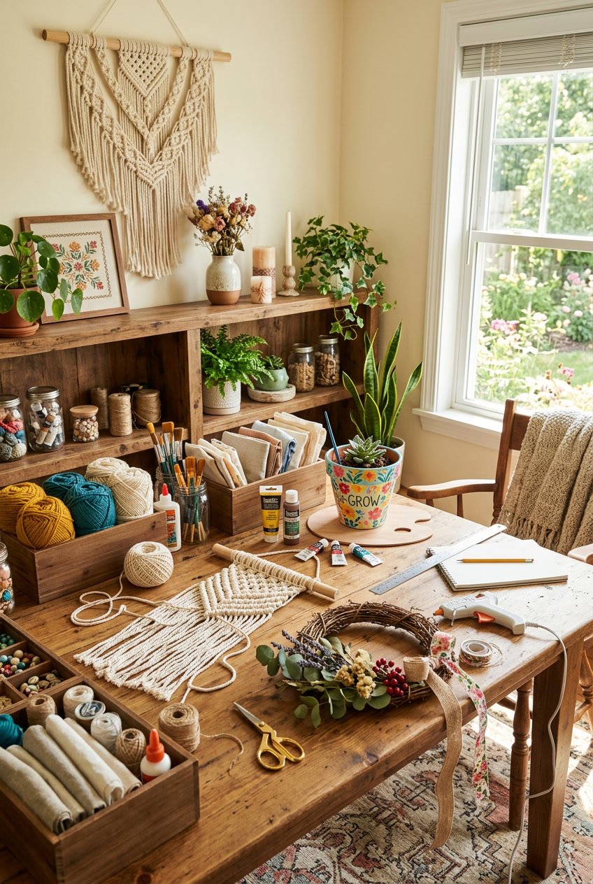 A workspace with craft supplies and handmade home decor projects on a wooden table in a bright room.