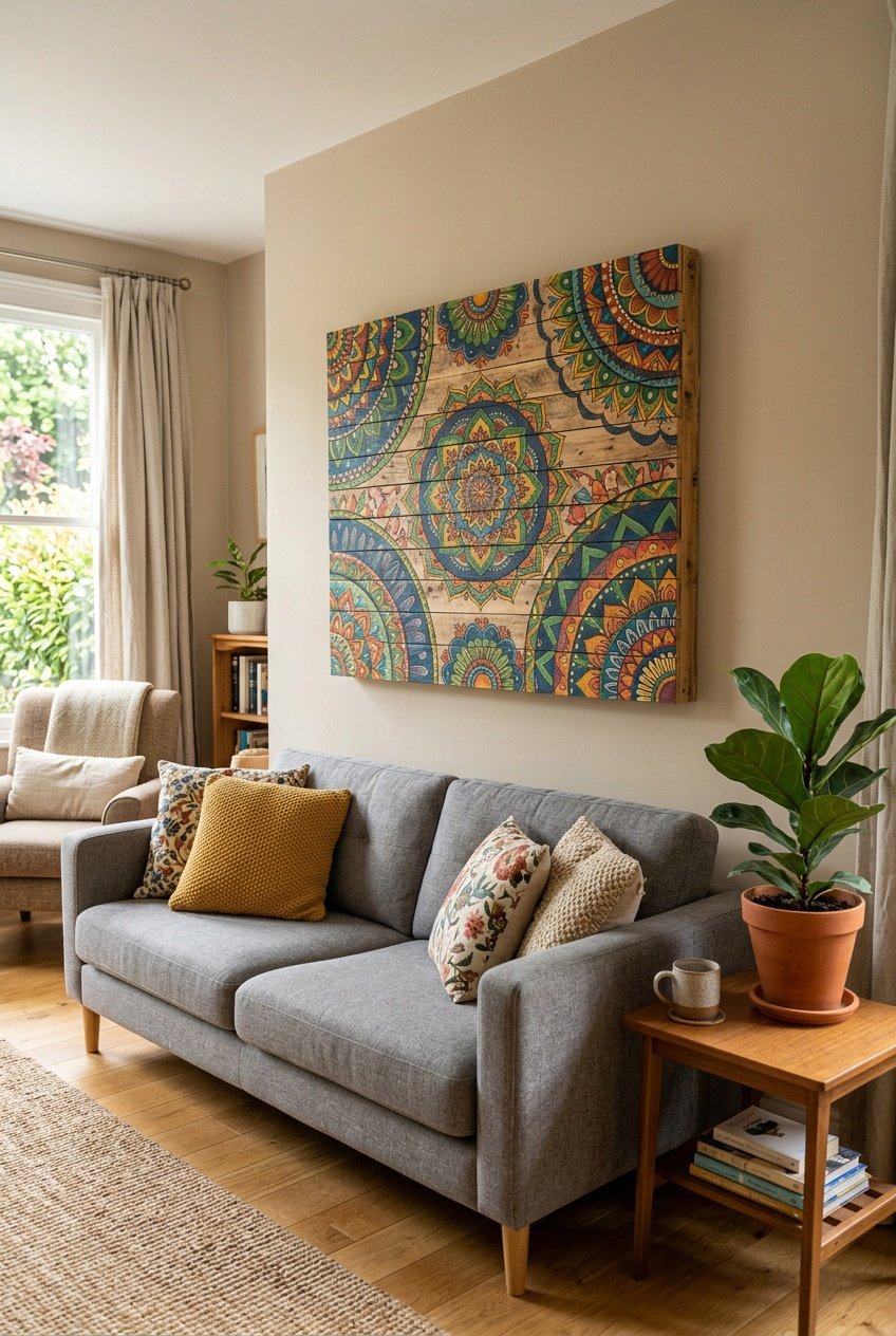 A painted pallet wall art hanging on a wall in a living room with a sofa, cushions, and a small plant nearby.
