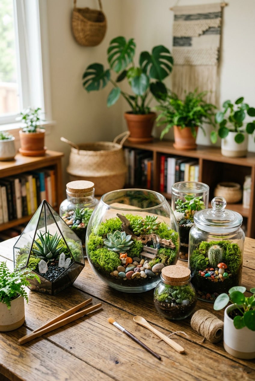 Several glass terrariums filled with plants and decorative elements displayed on a wooden table in a cozy room.