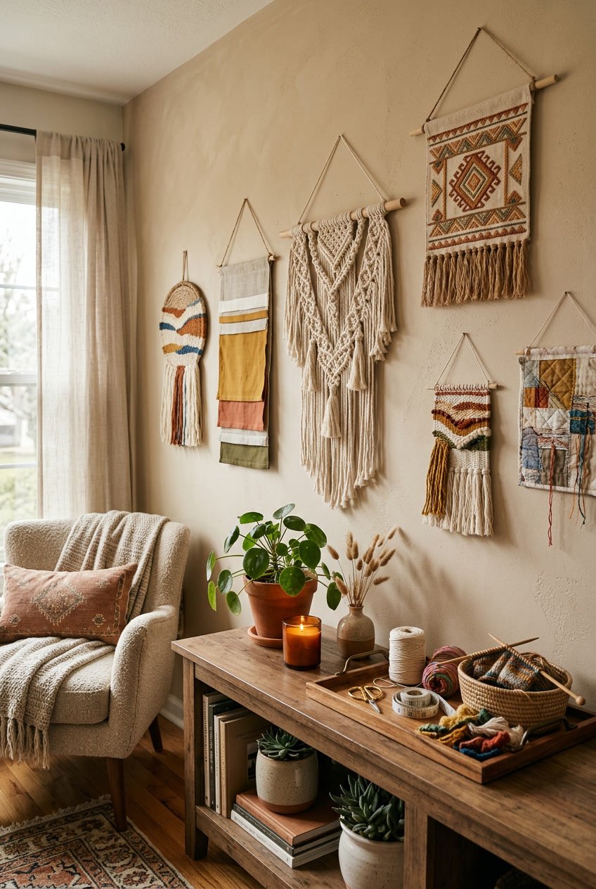 Living room corner with various fabric wall hangings displayed on the wall above a wooden table with plants and craft items.