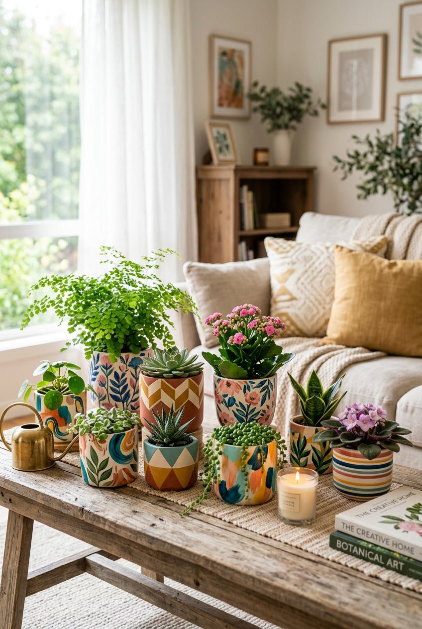 A collection of colorful hand-painted planters with green plants displayed on a wooden table in a bright room with home decor elements.