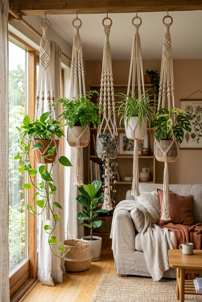 Indoor scene with hanging macrame plant holders displaying green leafy plants in a cozy living room.