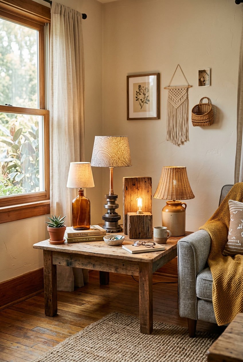 A cozy interior corner with several unique lamps made from repurposed materials glowing warmly on a wooden side table next to plants and books.