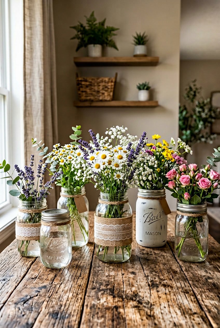 A group of mason jars used as vases holding fresh flowers on a wooden table in a cozy home setting.
