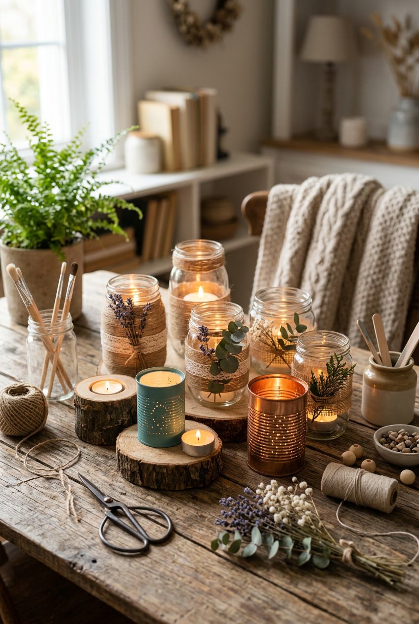 A table with various handmade candle holders lit with candles, surrounded by crafting tools and home decor items.