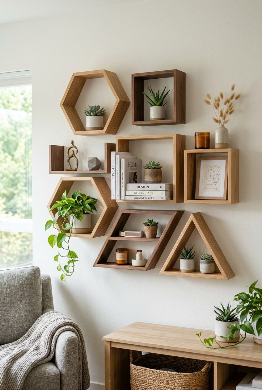 A wall with wooden geometric shelves holding plants, books, and decorative objects in a bright room.