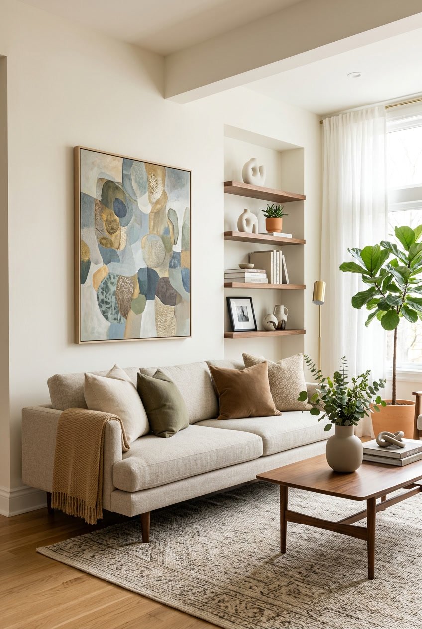A bright living room with a large abstract painting above a sofa, a wooden coffee table with a vase of greenery, and decorative objects on shelves.