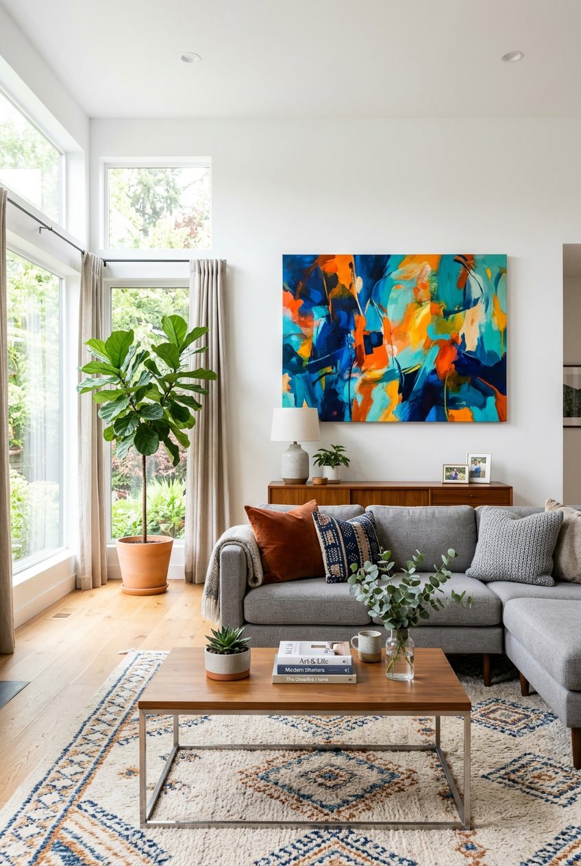 A modern living room with a large colorful canvas print on the wall above a sofa and a coffee table.