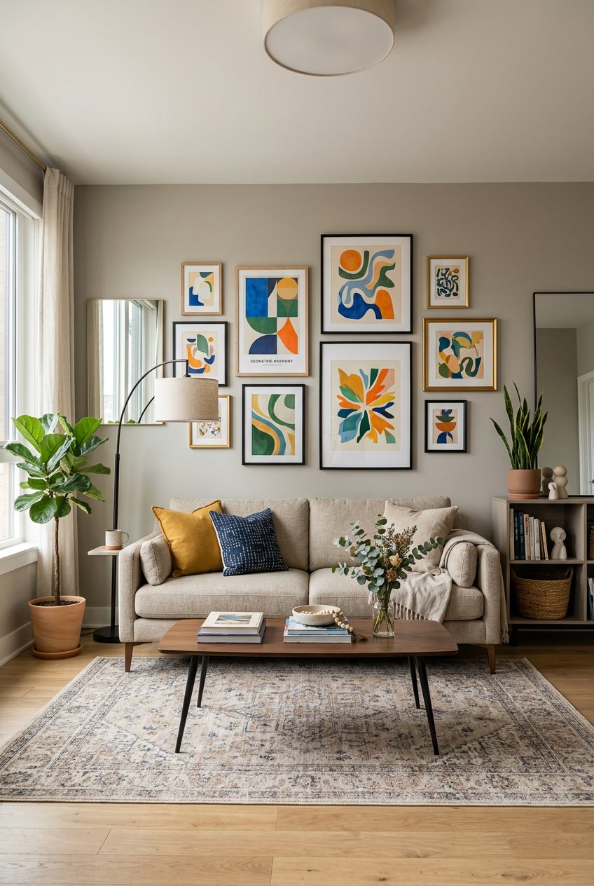 A living room with framed artwork on the walls, a sofa, coffee table, and decorative plants.