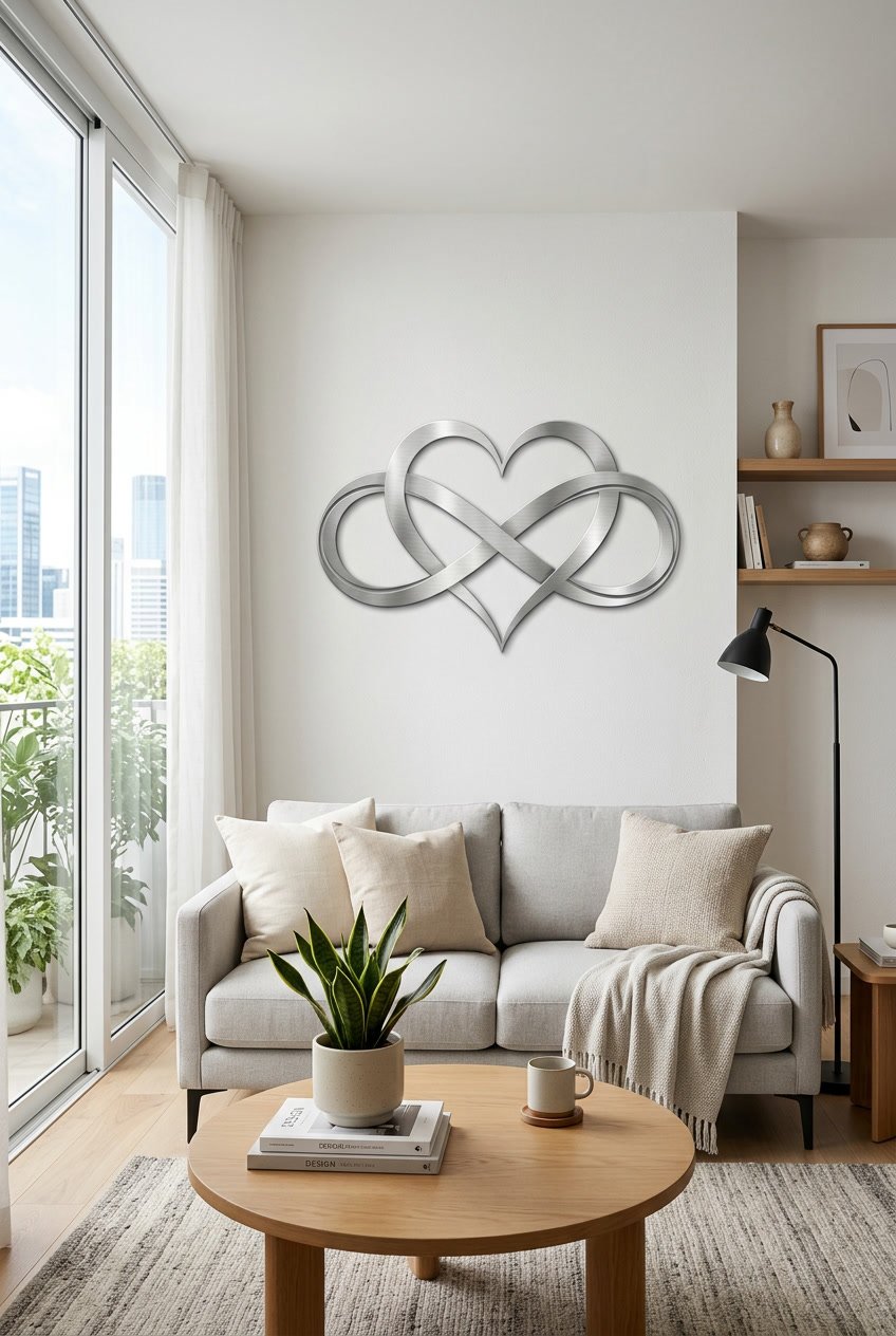 A living room with a metal infinity heart wall decoration above a sofa, featuring a coffee table and a potted plant.