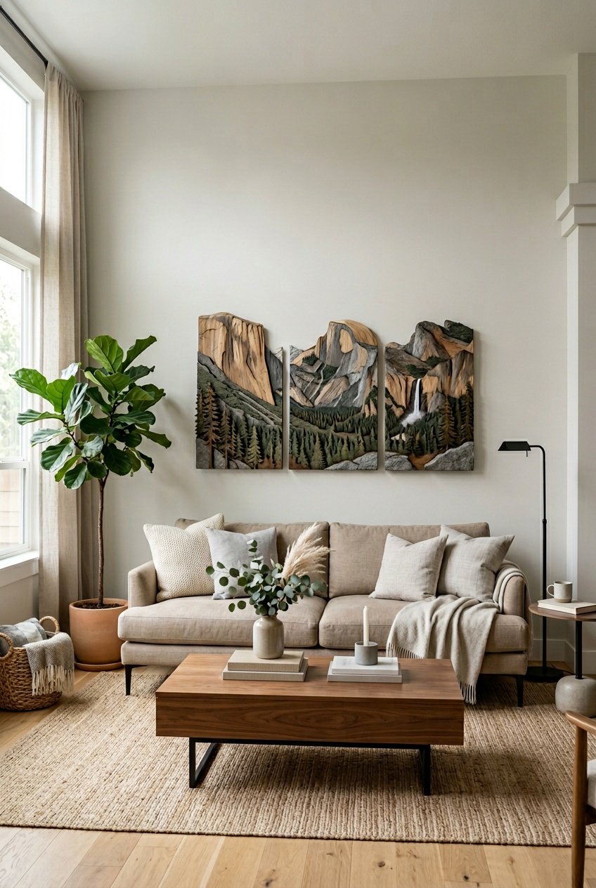 A living room with a modern sofa and a large textured 3D wall art piece on the wall, decorated with plants and a coffee table.