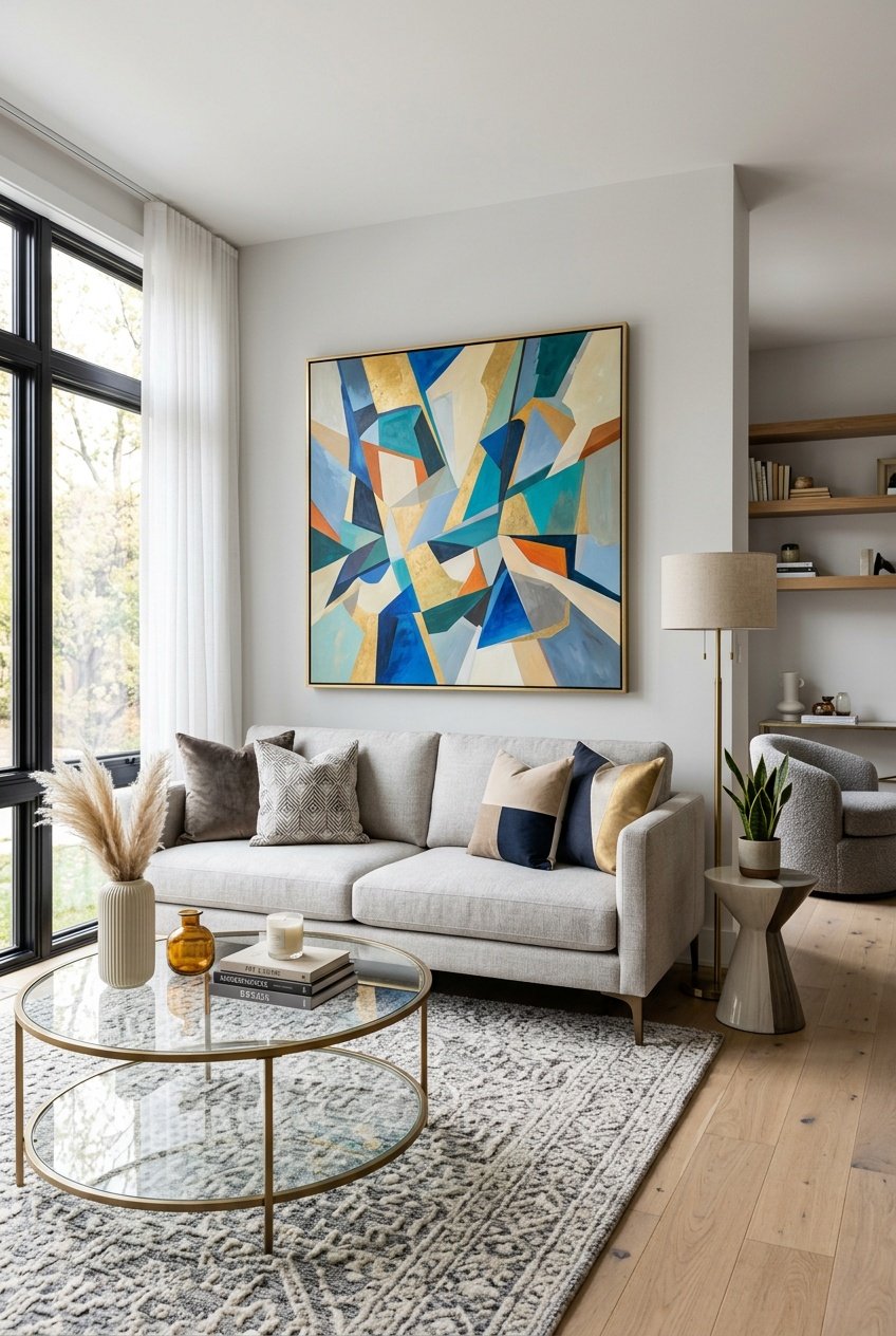 A living room with a sofa and a large colorful abstract painting on the wall above it.