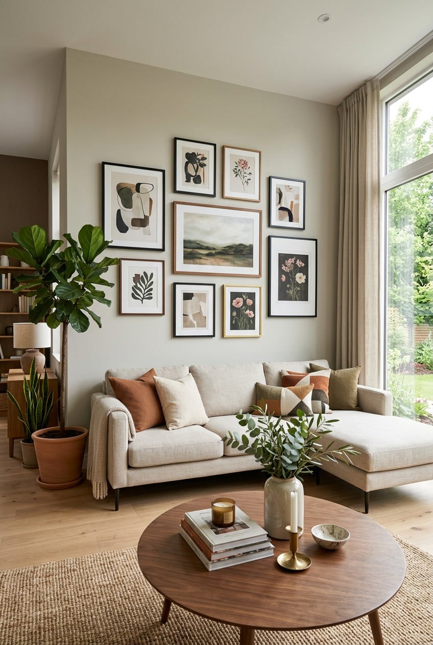 A living room with a sofa beneath a gallery wall of framed art prints, decorated with plants and a coffee table.