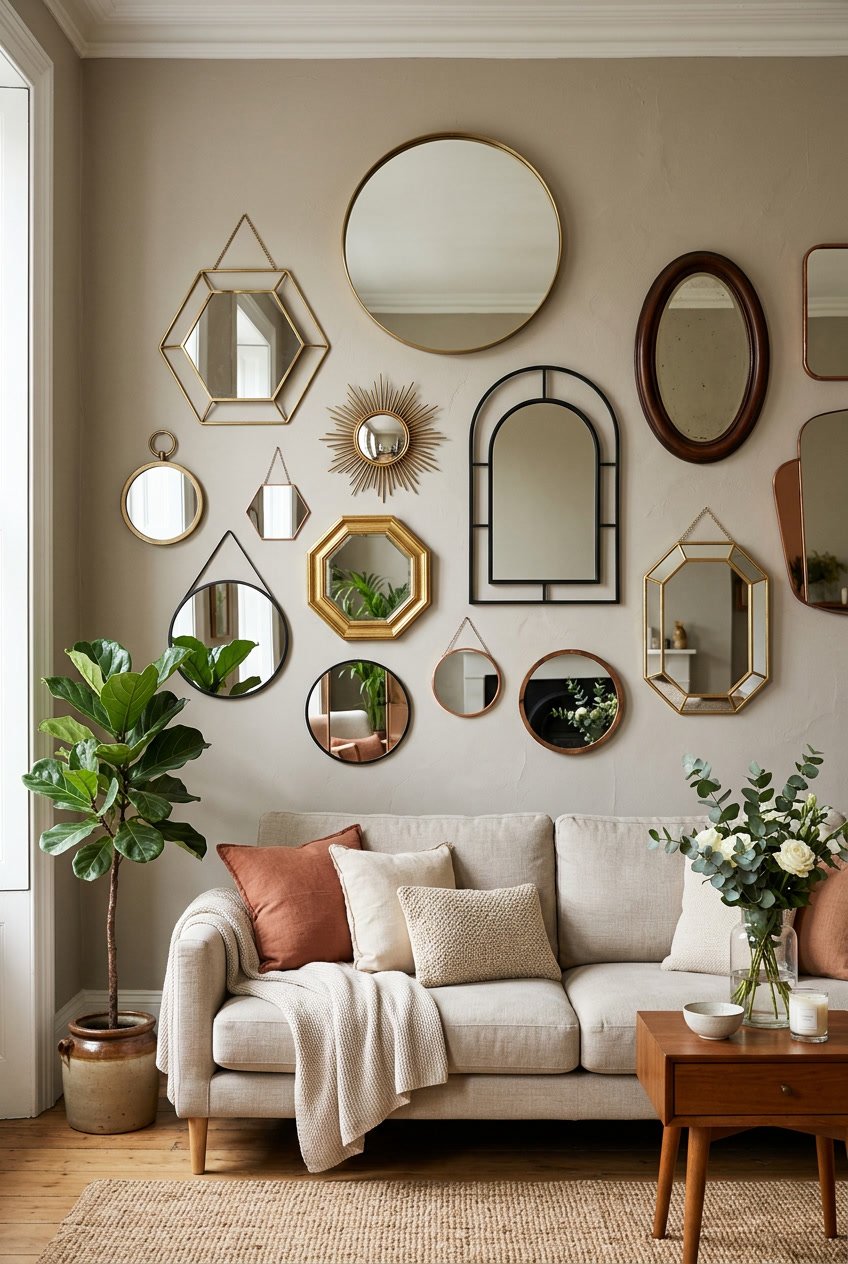 A living room wall decorated with various uniquely shaped mirrors above a sofa, accompanied by a small plant and a side table with flowers.