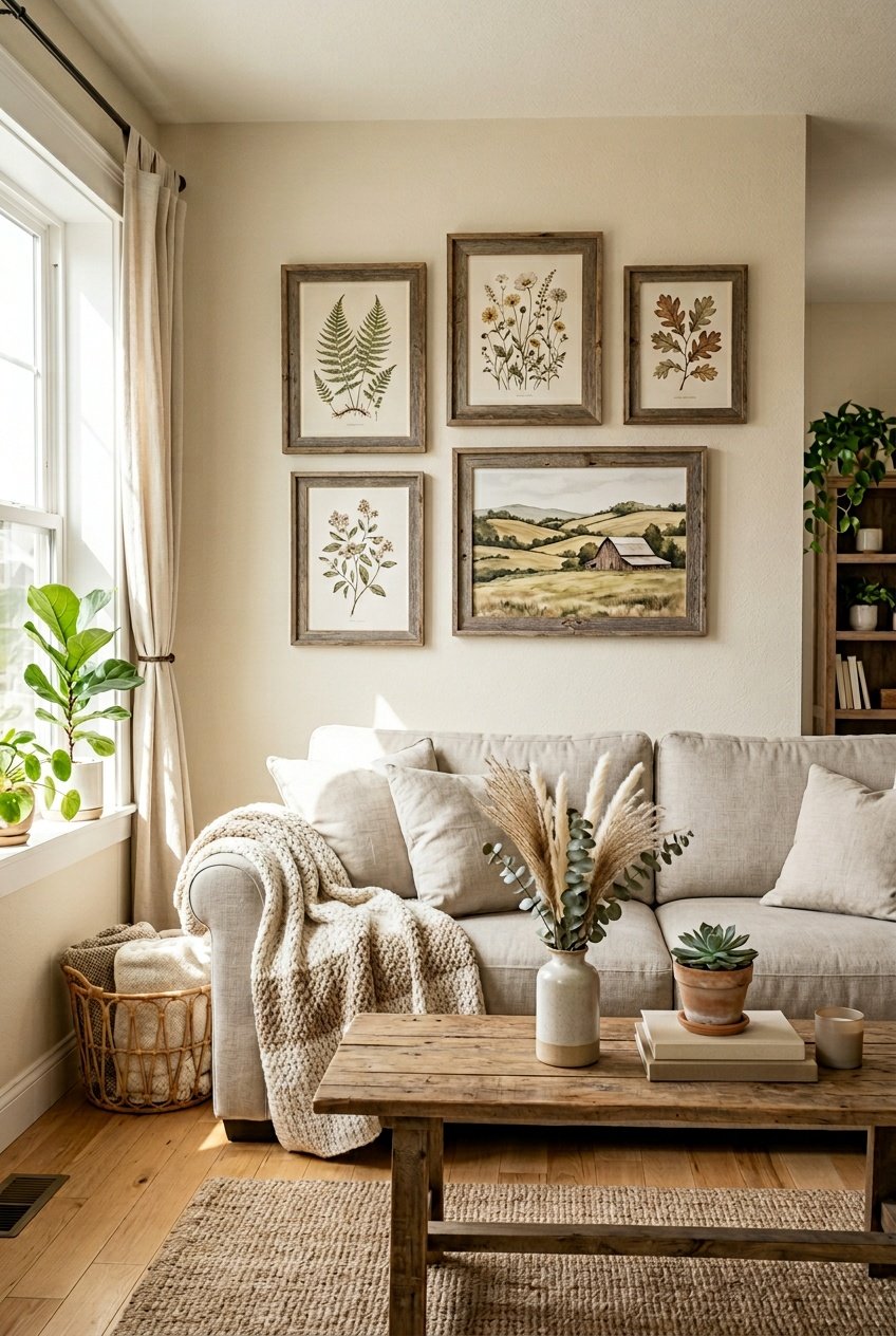 A cozy living room with rustic framed wall art, a sofa with a throw blanket, a wooden coffee table, and natural light coming through a window.