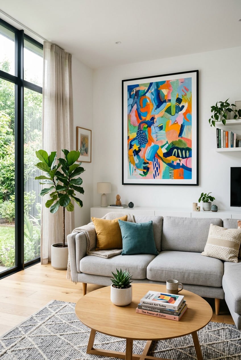 A living room with a large colorful poster on the wall, a sofa, coffee table, and natural light coming through windows.