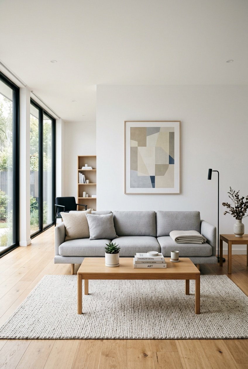 A bright living room with a sofa, coffee table, potted plant, and a large window letting in natural light.