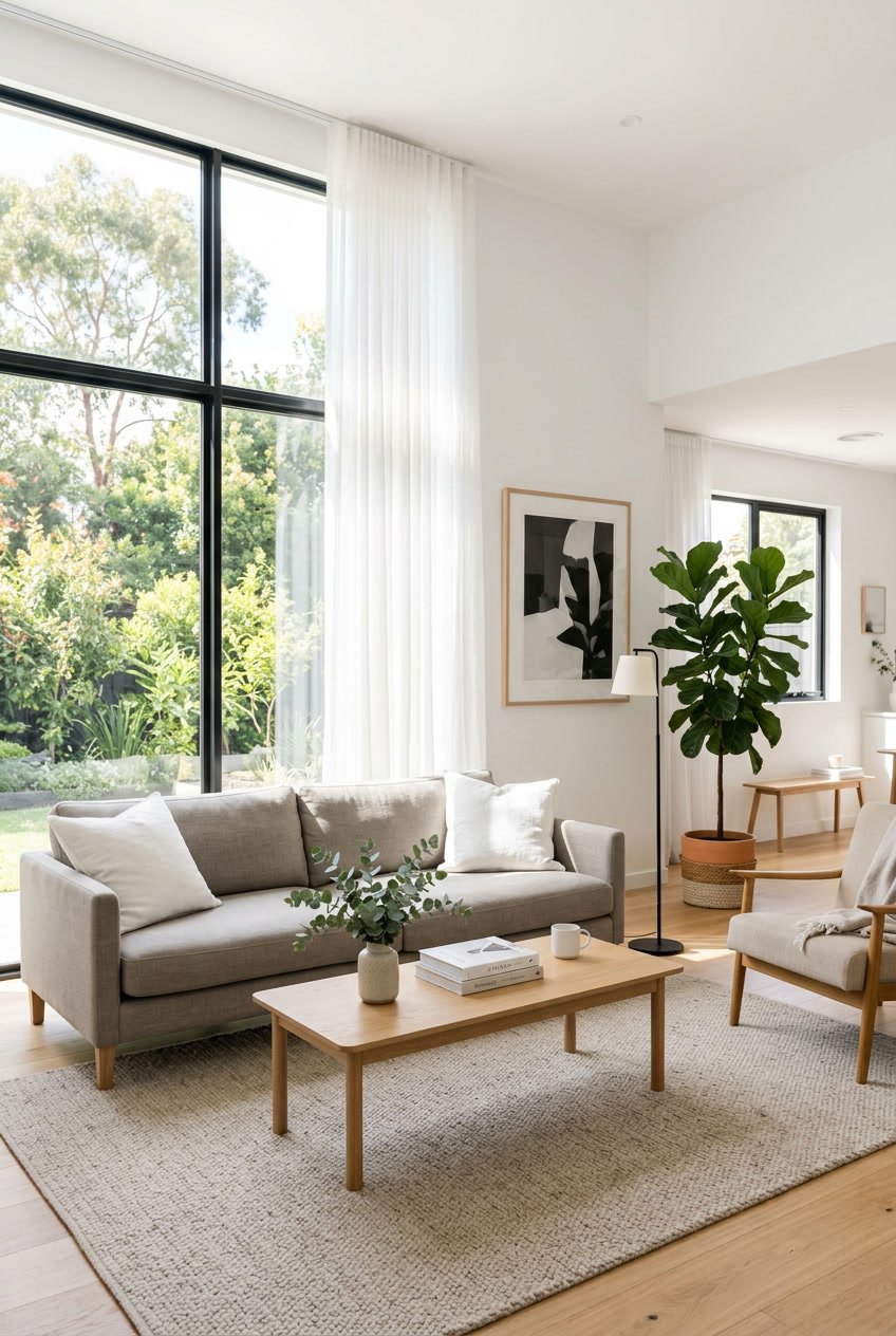A bright living room with large windows covered by sheer curtains, sunlight filling the space, and simple furniture.