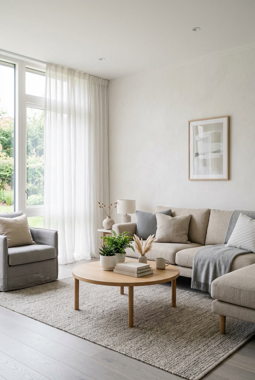 A bright living room with a beige sofa, a wooden coffee table with a plant, large windows with sheer curtains, and light gray hardwood floors.