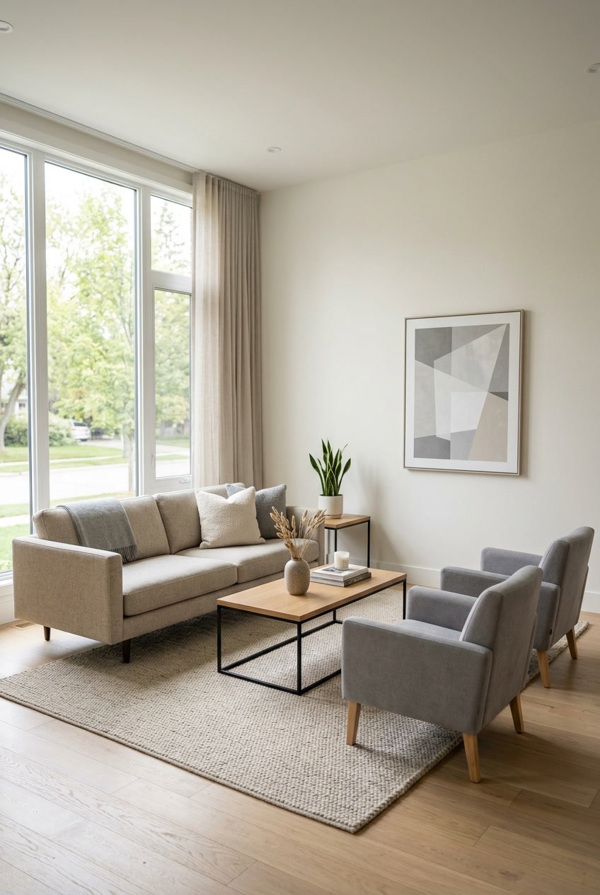 A bright living room with simple, clean-lined furniture including a sofa, coffee table, and armchairs, illuminated by natural light from large windows.